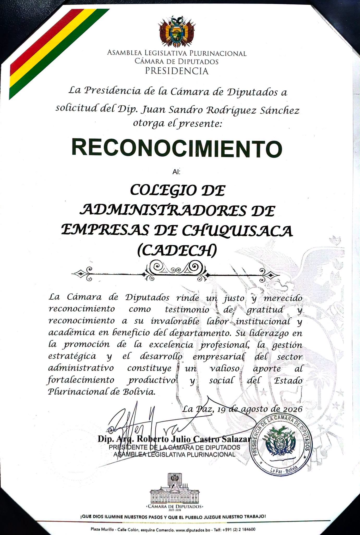 Reconocimiento Cameral CADECH — Acto protocolar